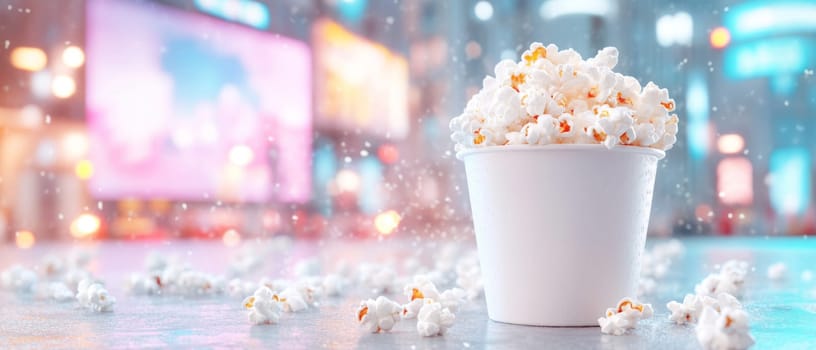 Popcorn in paper bucket on table with blurred TV screen in background, weekend home party, AI Generated
