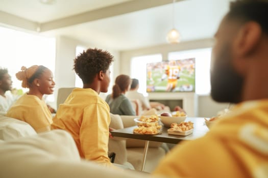 Friends watching Super Bowl football game eating snacks together at home, AI generated