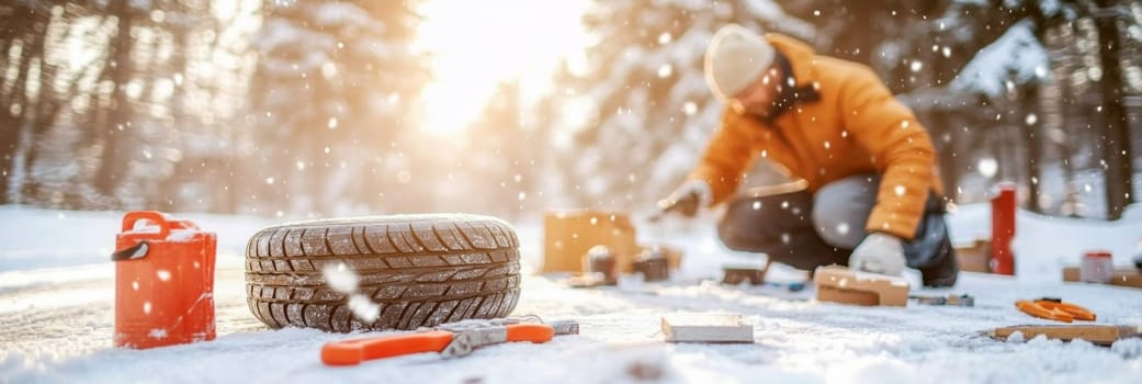 Worker in warm clothing changing a car tire on snowy winter day, concept of winter maintenance, roadside assistance, AI Generated