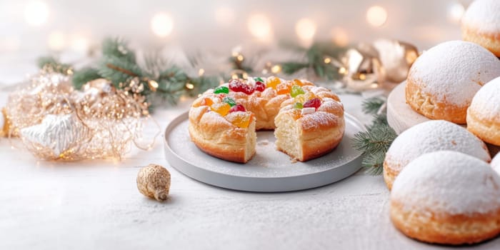 Three kings holiday festive fruitcake topped with colorful candied fruits on a table, background, AI generated