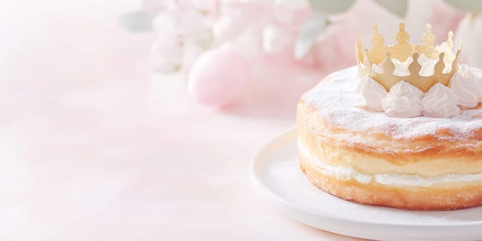 Festive scene with Three kings holiday festive cake topped with golden paper crown on table, pastel background, AI generated