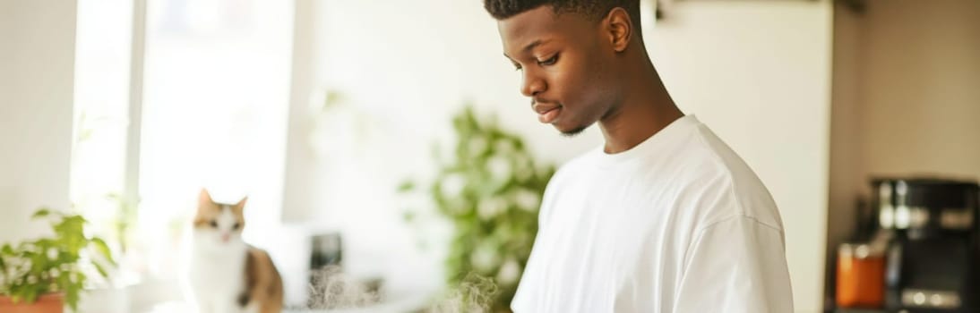 Young man cooking breakfast at home in sunlit modern kitchen, morning routine, AI generated