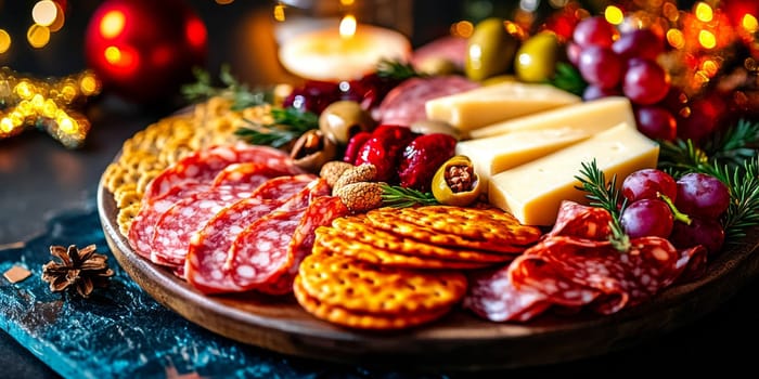 Festive charcuterie board with assorted cheeses and meats on rustic table, background, AI generated
