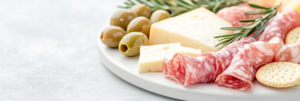 Christmas or New Year holiday charcuterie platter with cheeses, salami, grapes, olives on board, festive background, copy space, AI generated