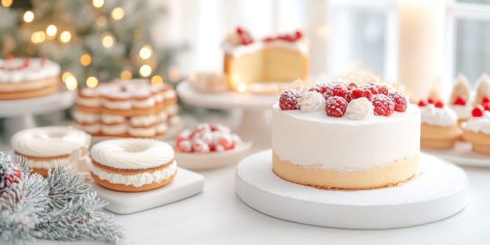 Festive Christmas holiday dessert table with various cakes and pastries, ideal as cheerful background, AI Generated