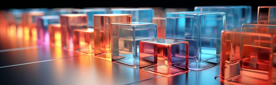 Abstract background of reflective neon purple, blue and orange glass cubes with copy space, AI generated