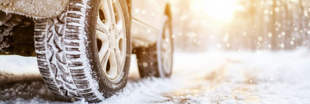 Car on snowy forest road with sunlight, winter tires replacing service concept, copy space banner background, AI Generated