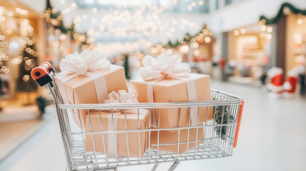 Shopping cart filled with wrapped gifts in Christmas, New Year festive store background, Black Friday sale, AI Generated