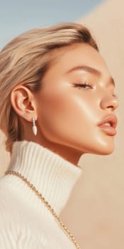 Young woman in profile with closed eyes wearing white turtleneck, background, AI generated