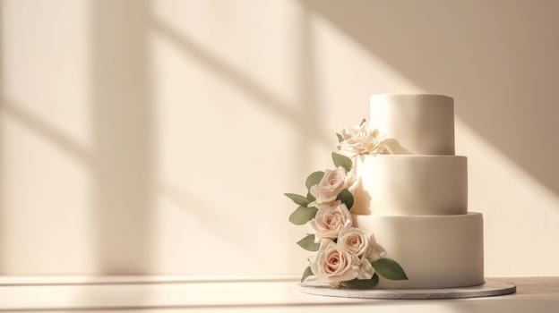 Wedding cake with beautiful flowers on solid pastel color background, copy space, AI Generated