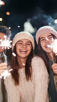 Group of young adults celebrating New Year with sparklers outdoors, joyful winter scene, AI generated