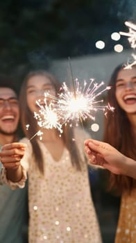 Group of young adults celebrating New Year with sparklers outdoors, joyful winter scene, AI generated