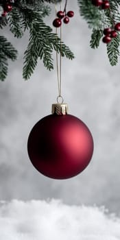 Red Christmas ornament hanging from Christmas tree branch, suitable for holiday backgrounds, AI generated