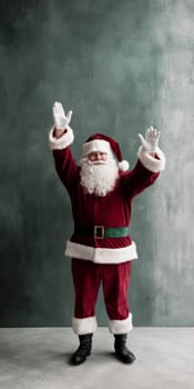 Santa Claus joyfully posing with raised arms against textured green background, AI Generated