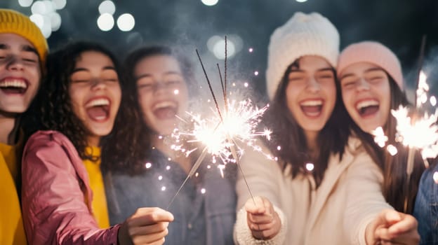 Group of young adults celebrating New Year with sparklers outdoors, joyful winter scene, AI generated