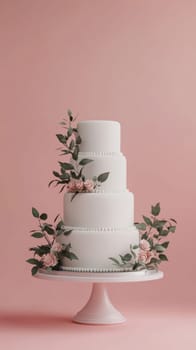 Wedding cake with beautiful flowers on solid pastel color background, copy space, AI Generated