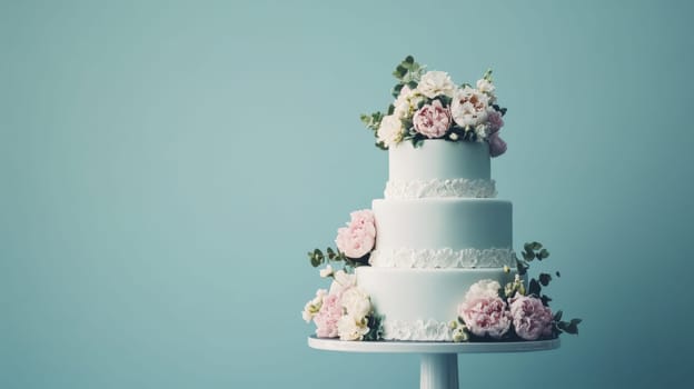 Wedding cake with beautiful flowers on solid pastel color background, copy space, AI Generated