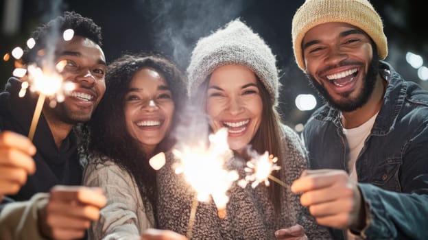 Group of multiracial adults celebrating New Year with sparklers outdoors, joyful winter scene, AI generated