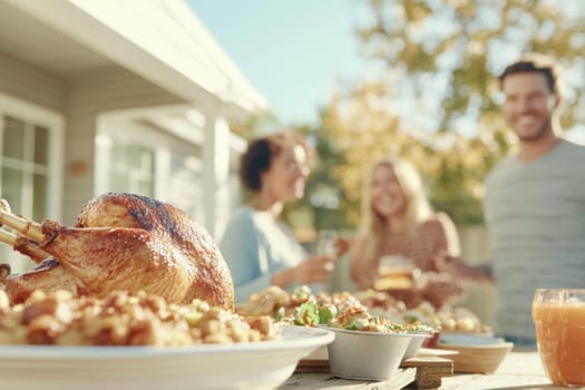 Family gathered for outdoor autumn feast with roasted turkey, enjoying food, AI Generated