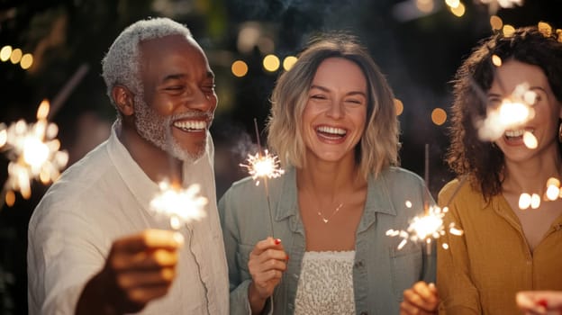 Diverse Age multiracial Group of people celebrating New Year with sparklers, smiling and enjoying festive outdoor event, AI generated