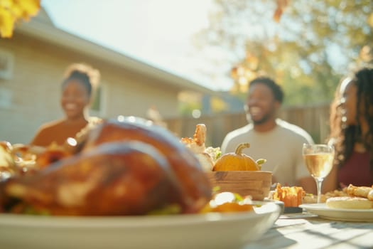 Family gathered for outdoor autumn feast with roasted turkey, enjoying food, AI Generated