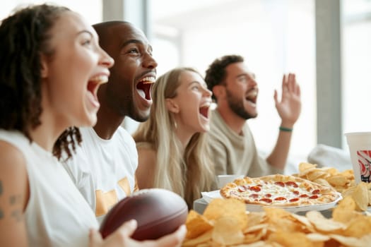 Friends watching Super Bowl football game eating snacks together at home, AI generated