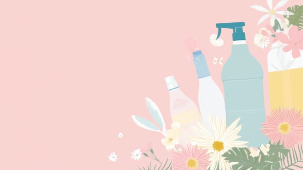 Bottles with spray and flowers on white background for spring cleaning concept, AI Generated