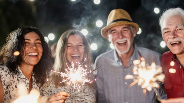Diverse Age multiracial Group of people celebrating New Year with sparklers, smiling and enjoying festive outdoor event, AI generated