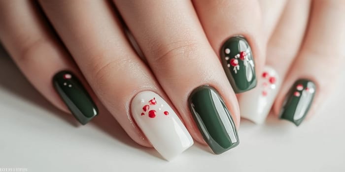 Creative Christmas female manicure with green nail polish and glitter detail, cozy winter theme, Christmas decoration background, AI Generated
