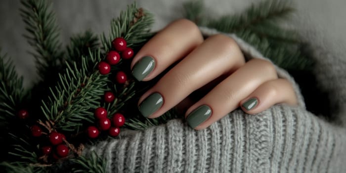 Creative Christmas female manicure with green nail polish and glitter detail, cozy winter theme, Christmas decoration background, AI Generated