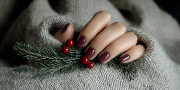Creative Christmas female manicure with green nail polish and glitter detail, cozy winter theme, Christmas decoration background, AI Generated