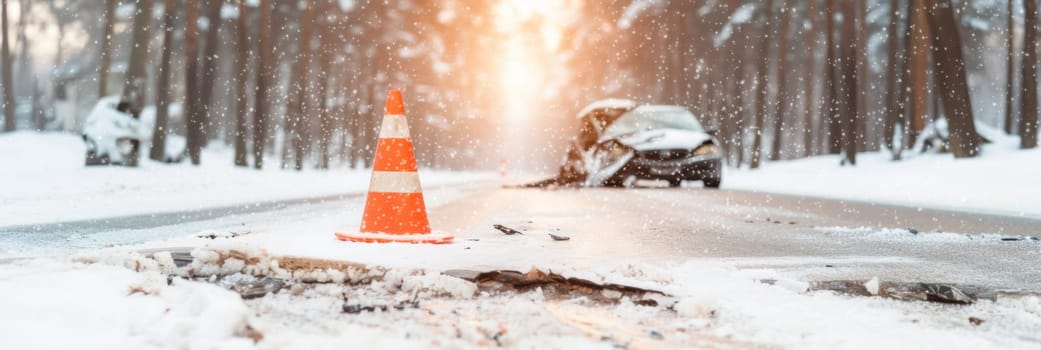Orange traffic cone in foreground on snowy road with car accident, concept of safety on the winter roads, AI Generated