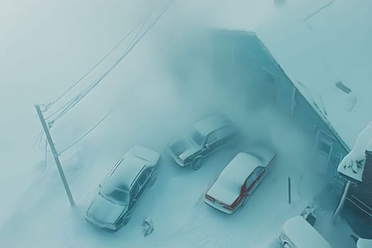 Severe winter storm blankets a residential area, leaving parked cars nearly submerged in snow. Visibility is low as strong winds create snowdrifts around the property. Aerial view