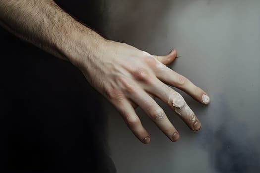 Male hand dirty in white putty stretches out lightly, showcasing distinct skin texture and finger covered with white paint. Background blends softly, capturing an intimate moment of contemplation.