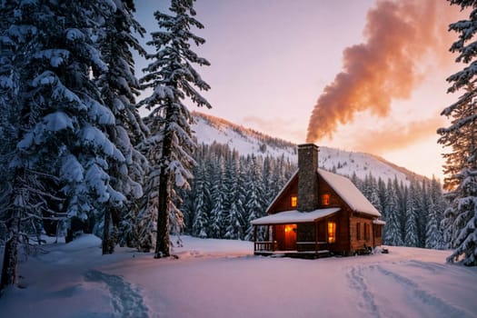 A rustic wooden cabin surrounded by snow-covered trees, emitting warm light from its windows. Smoke rises from the chimney, creating a serene winter scene at sunset. Winter retreat, tranquility, and cozy living