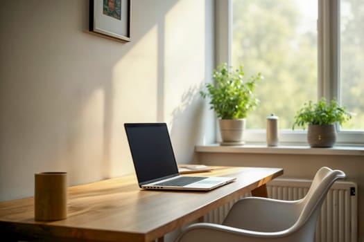 A clean and minimalist home workspace featuring a wooden desk, a laptop, and potted plants by the window. Natural light creates a serene and inspiring environment for productivity and focus.