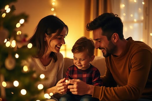 A joyful family sharing a festive moment near a Christmas tree, surrounded by warm lights and cozy decorations, emphasizing love and togetherness.