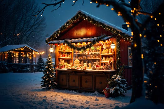 A beautifully lit Christmas market stall surrounded by snow, offering festive treats and decorations. Garland and string lights enhance the cozy winter atmosphere. Seasonal celebrations