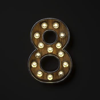 Light bulb glowing Number 8 EIGHT 3D rendering illustration isolated on black background
