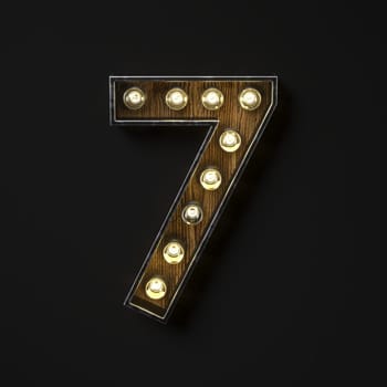Light bulb glowing Number 7 SEVEN 3D rendering illustration isolated on black background