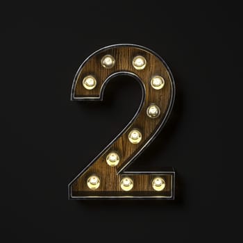 Light bulb glowing Number 2 TWO 3D rendering illustration isolated on black background