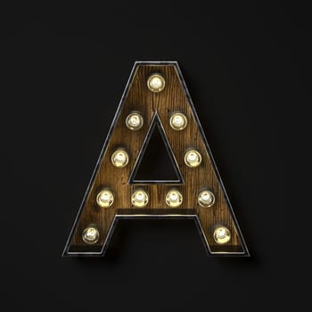 Light bulb glowing Letter A 3D rendering illustration isolated on black background