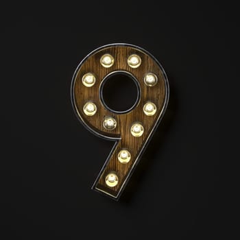 Light bulb glowing Number 9 NINE 3D rendering illustration isolated on black background
