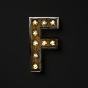 Light bulb glowing Letter F 3D rendering illustration isolated on black background