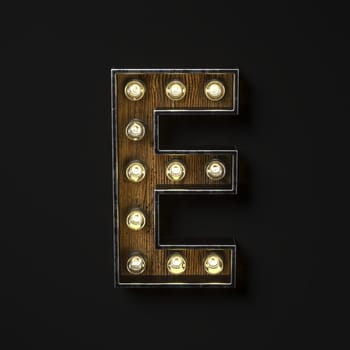 Light bulb glowing Letter E 3D rendering illustration isolated on black background