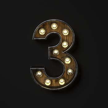 Light bulb glowing Number 3 THREE 3D rendering illustration isolated on black background