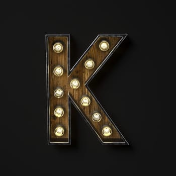 Light bulb glowing Letter K 3D rendering illustration isolated on black background