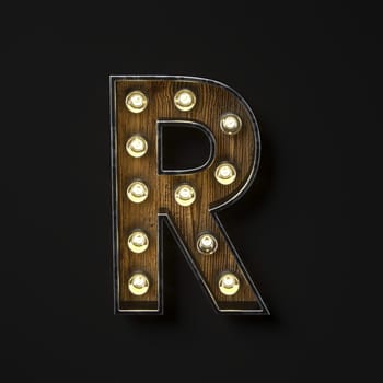 Light bulb glowing Letter R 3D rendering illustration isolated on black background