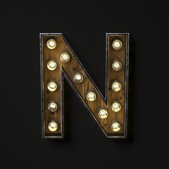 Light bulb glowing Letter N 3D rendering illustration isolated on black background