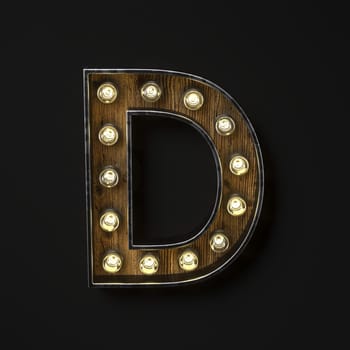 Light bulb glowing Letter D 3D rendering illustration isolated on black background